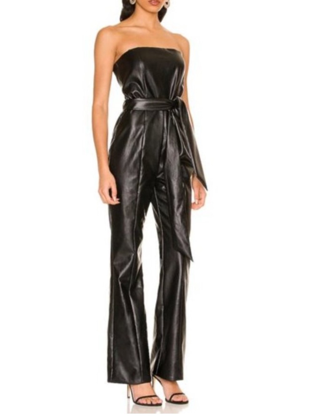Majorelle Black Strapless Faux Leather Wide-Leg Jumpsuit Small